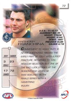 2002 Select AFL Exclusive #72 Anthony Franchina Back